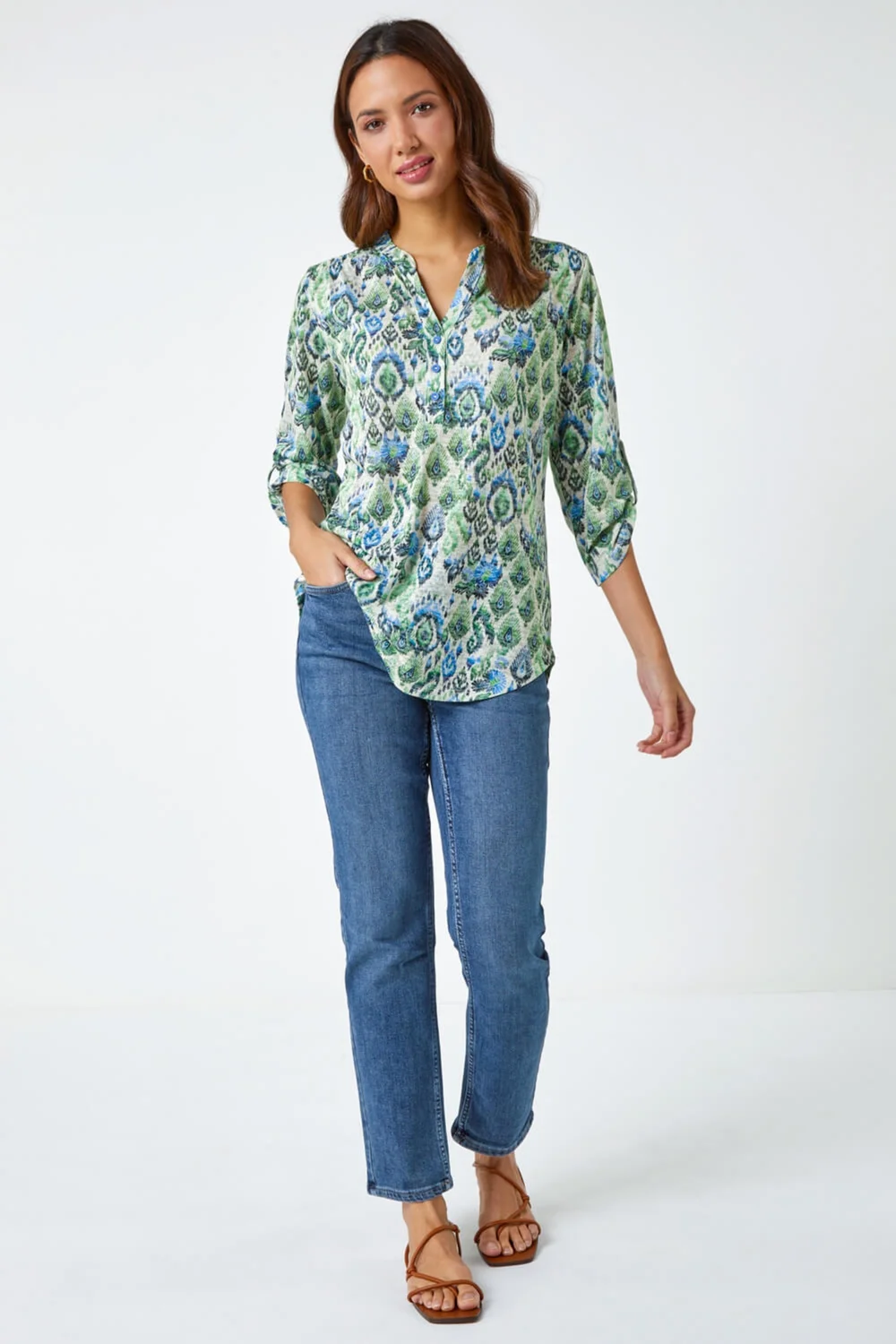 Roman Green Aztec Burnout Print Relaxed V-Neck Tunic Top - Size 18 Image 2