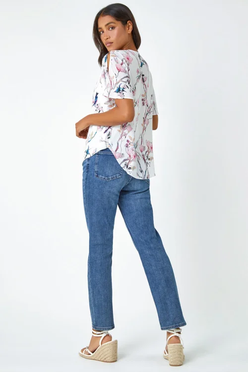 Roman Ivory Floral Angel Sleeve V-Neck Top - Size 12 Image 3