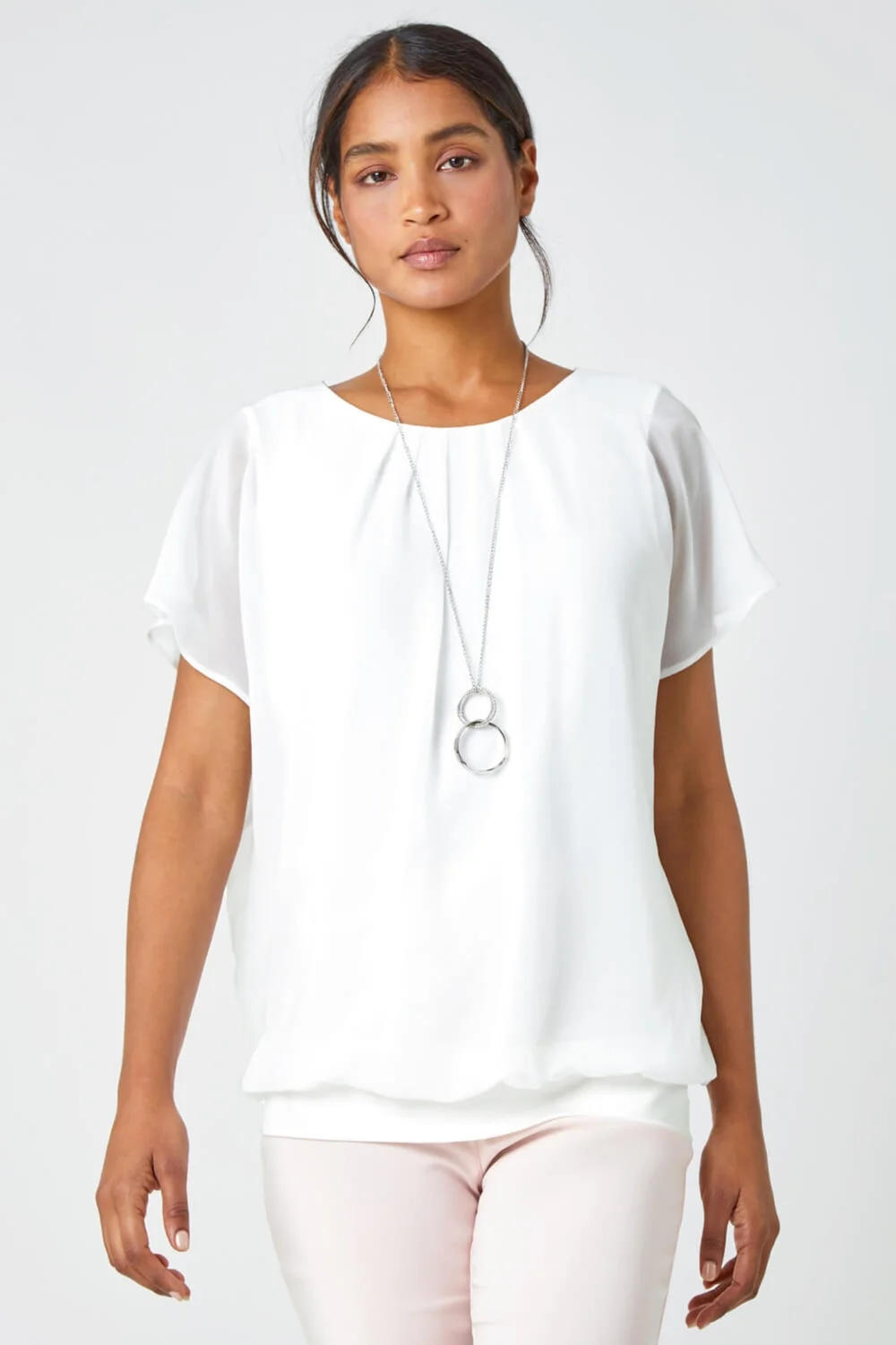 Roman Ivory Chiffon Jersey Blouson Top with Necklace - Size 20 Image 1