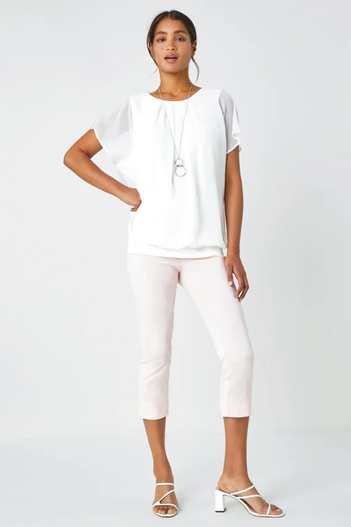 Roman Ivory Chiffon Jersey Blouson Top with Necklace - Size 20 Image 4