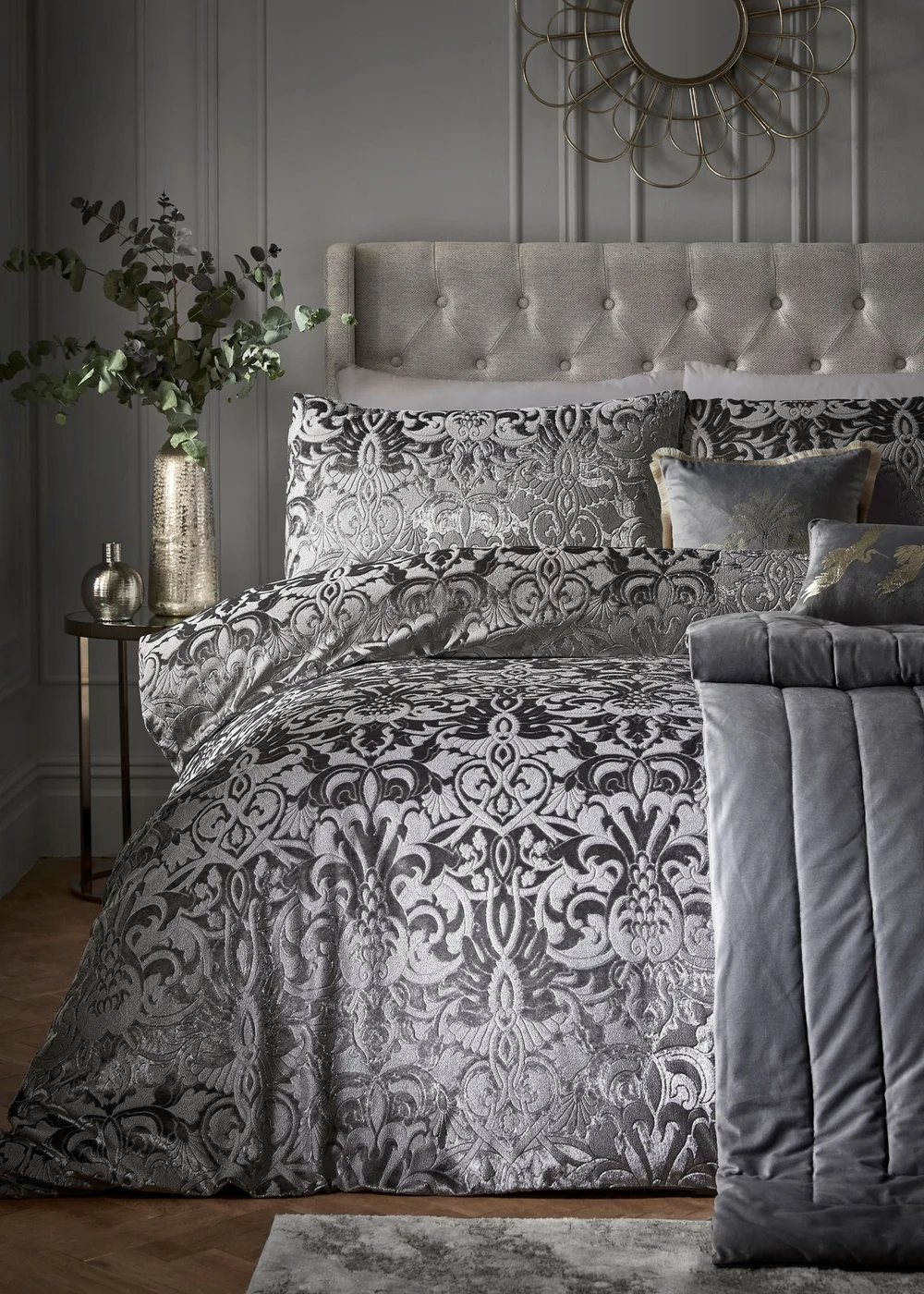 Laurence Llewelyn-Bowen Firenza Velvet Grey Duvet Cover Set - Double Image 1