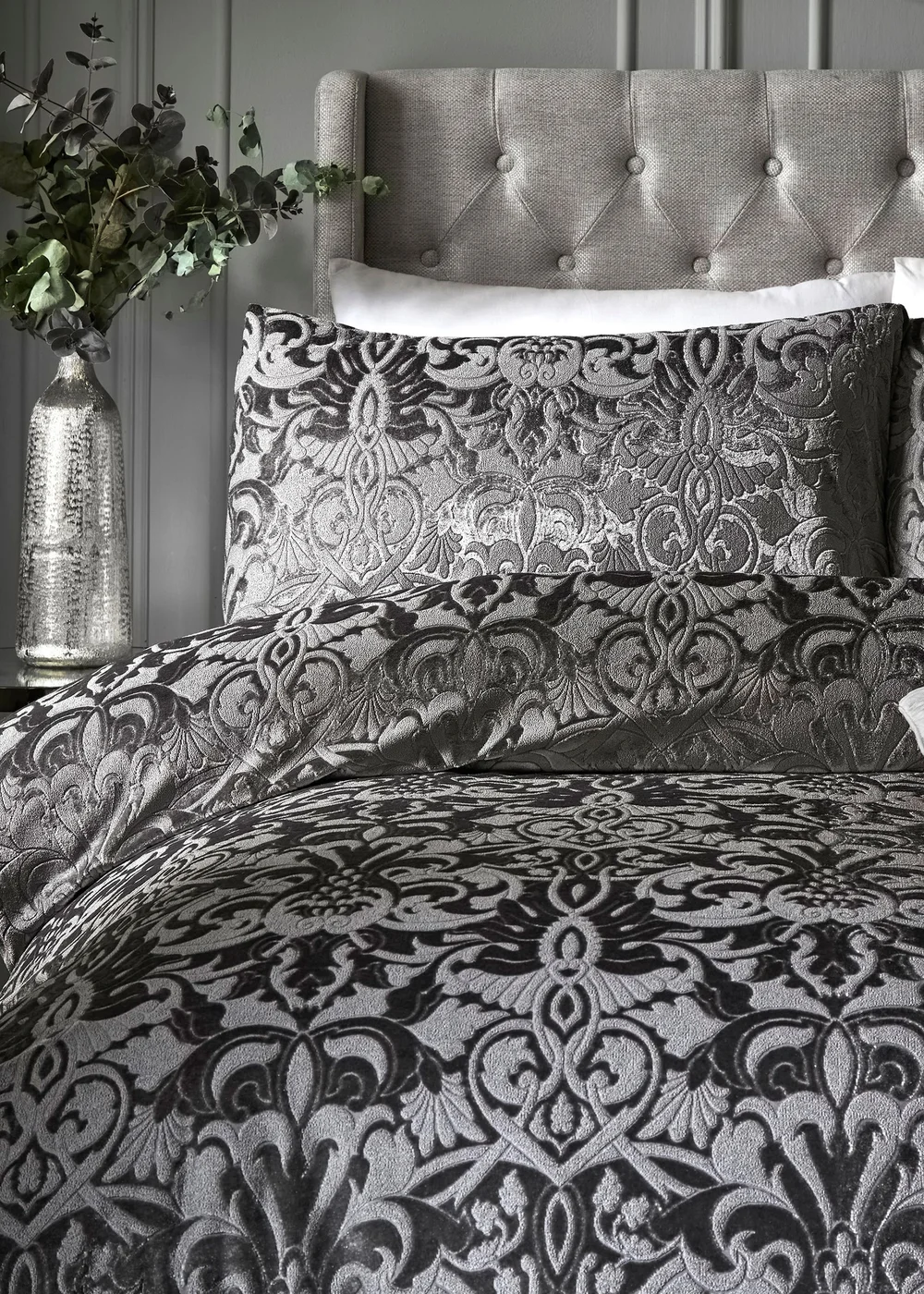 Laurence Llewelyn-Bowen Firenza Velvet Grey Duvet Cover Set - Double Image 2