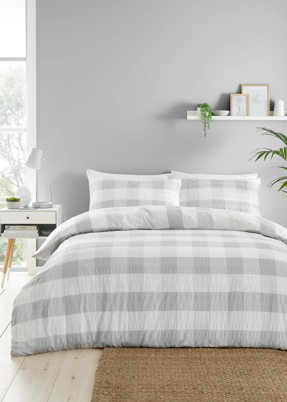 Fusion Seersucker Gingham Brushed Cotton Silver Duvet Cover Set - King Image 1