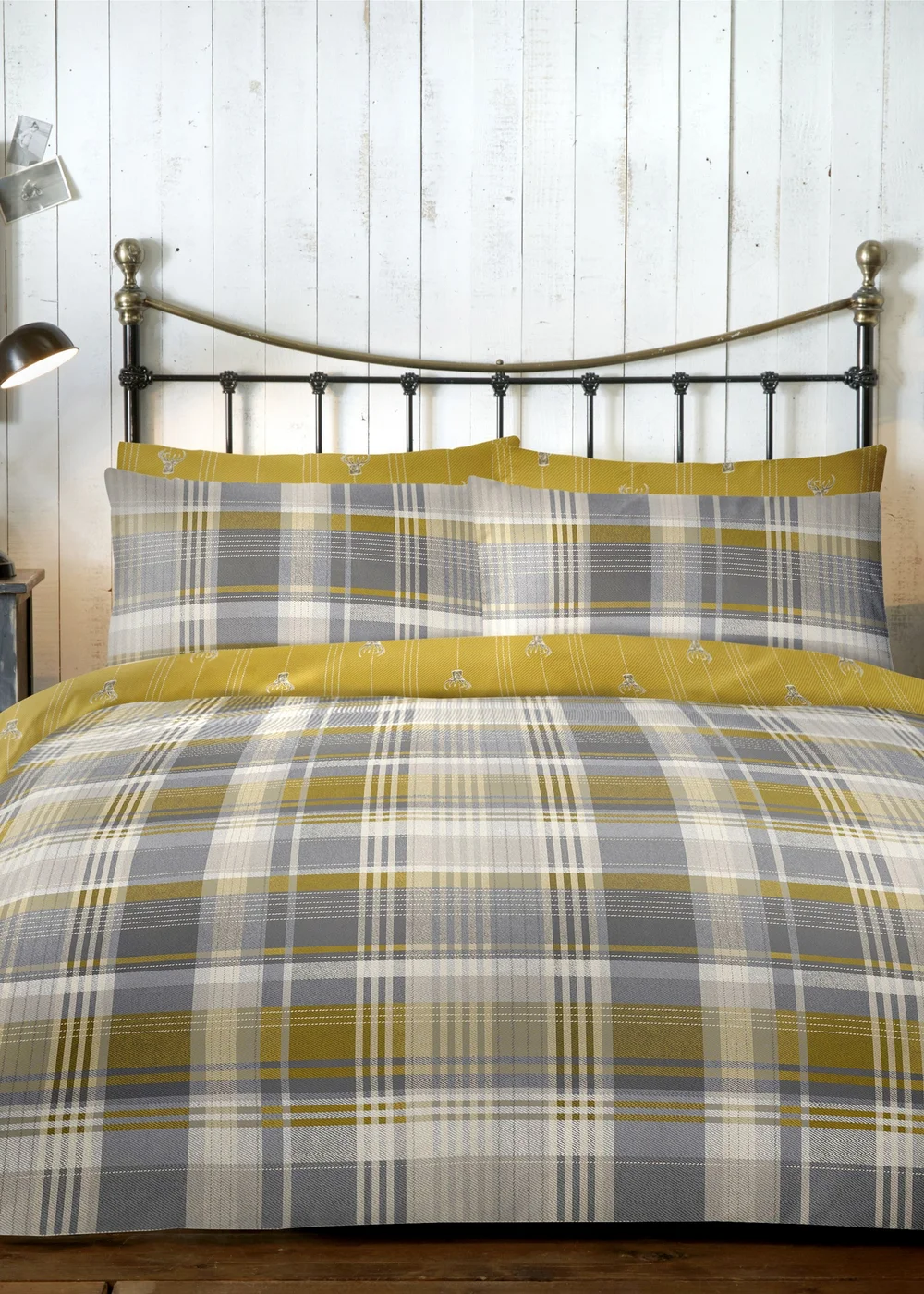 Dreams & Drapes Lodge Connolly Check Brushed Cotton Yellow Duvet Cover Set - Single Image 1