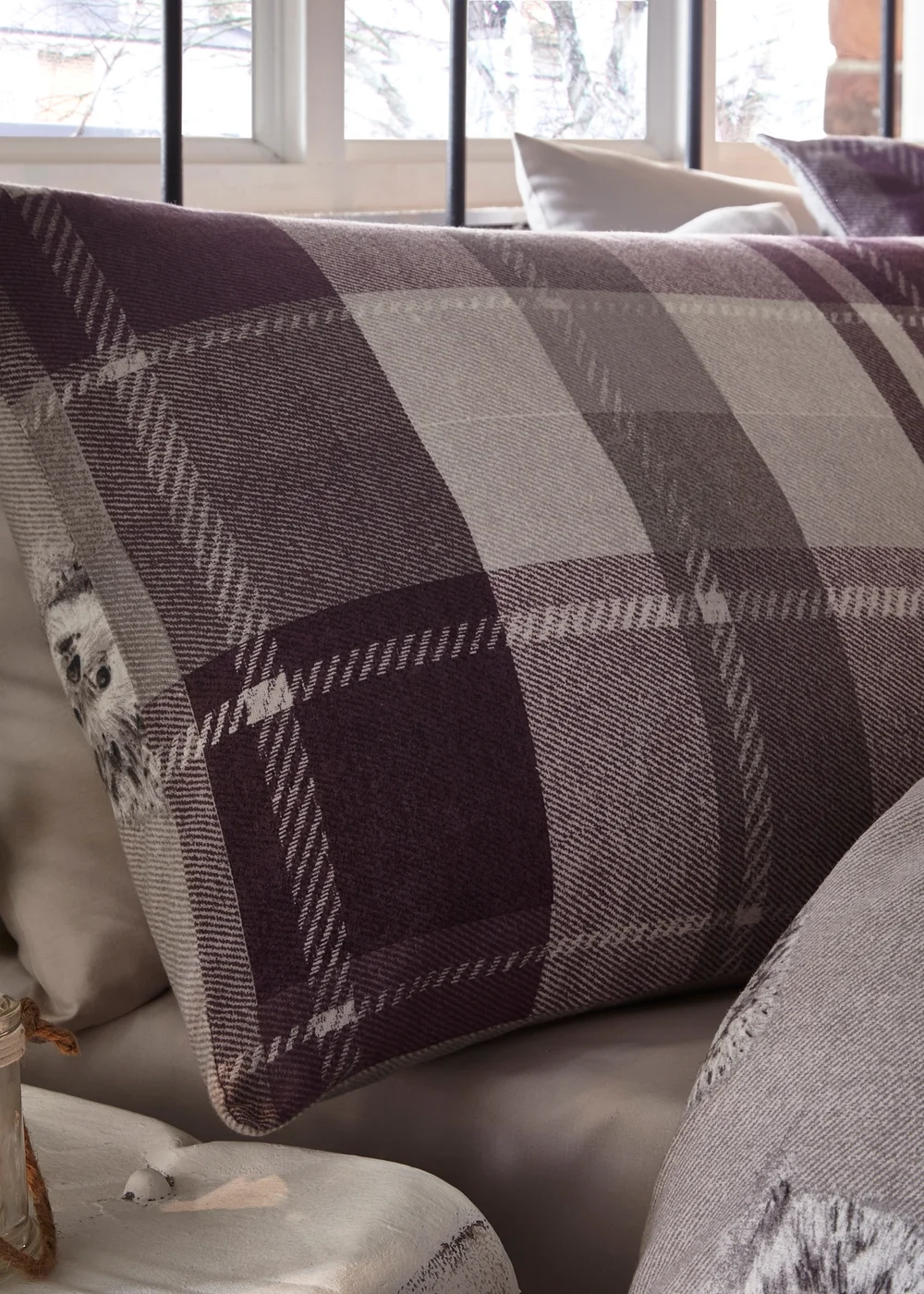 Dreams & Drapes Lodge Colville Check Brushed Cotton Purple Duvet Cover Set - Single Image 2