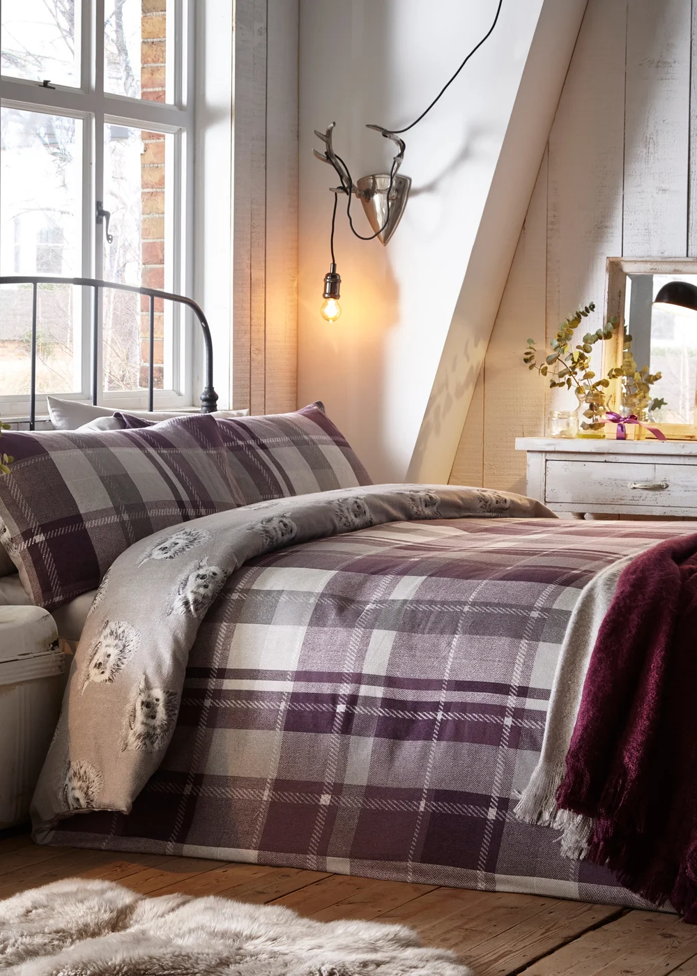 Dreams & Drapes Lodge Colville Check Brushed Cotton Purple Duvet Cover Set - Single Image 1