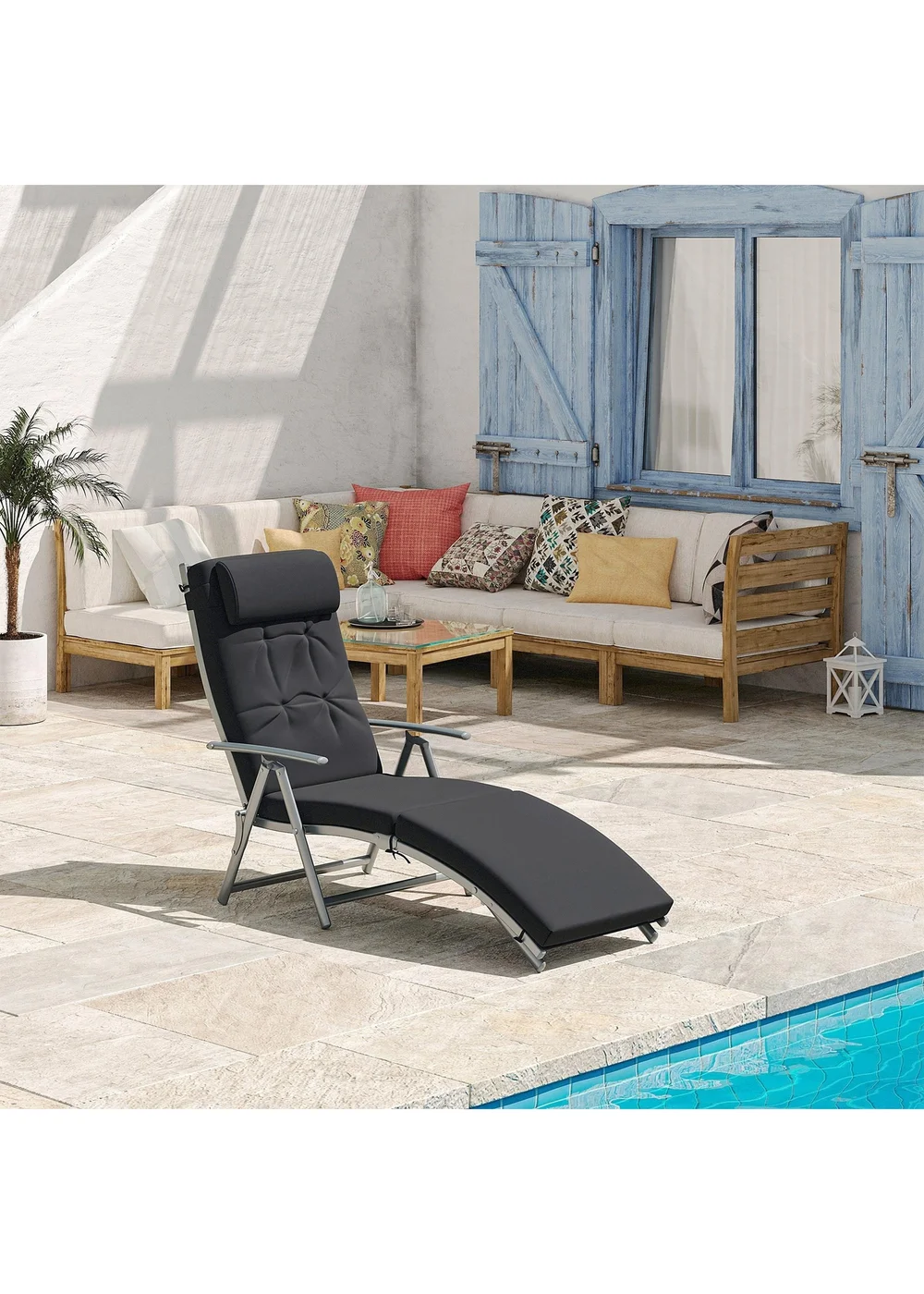 Outsunny Outdoor Patio Sun Lounger Garden Texteline Foldable Reclining Chair with Cushion - Black - One Size Image 1