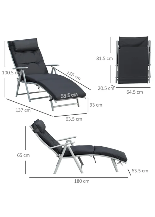 Outsunny Outdoor Patio Sun Lounger Garden Texteline Foldable Reclining Chair with Cushion - Black - One Size Image 3