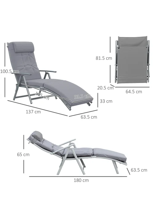 Outsunny Outdoor Patio Sun Lounger Garden Texteline Foldable Reclining Chair with Cushion - Grey - One Size Image 3