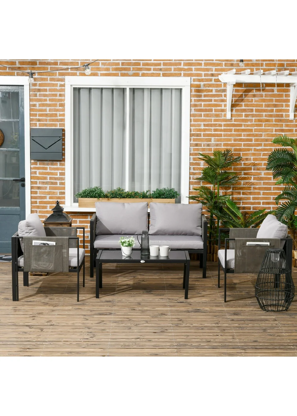 Outsunny 4 Piece Garden Sofa Set w/ Tempered Glass Coffee Table Padded Cushions - One Size Image 1