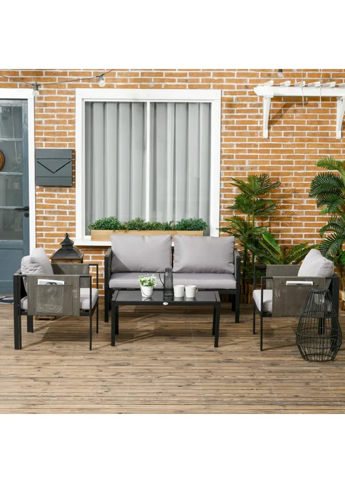 Outsunny 4 Piece Garden Sofa Set w/ Tempered Glass Coffee Table Padded Cushions - One Size Image 1