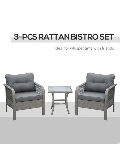 Outsunny 3 Pieces Patio Rattan Bistro Set with Tempered Glass Table - One Size Image 4