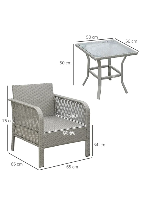 Outsunny 3 Pieces Patio Rattan Bistro Set with Tempered Glass Table - One Size Image 3