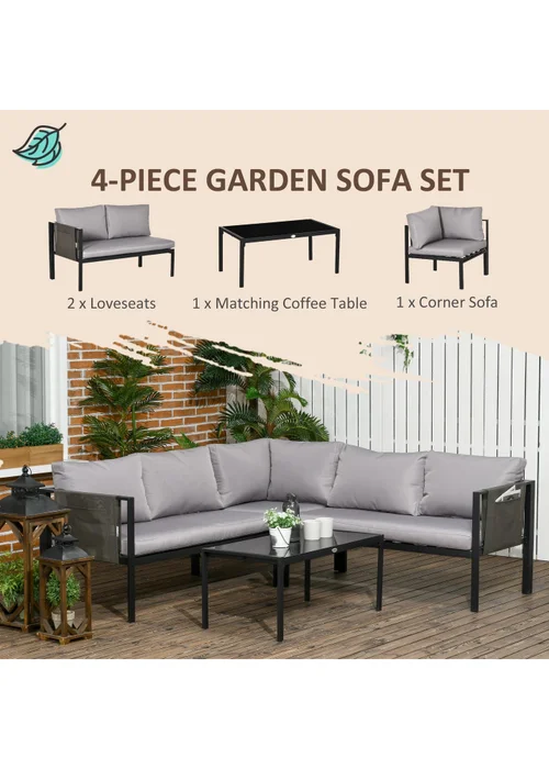 Outsunny 4 Piece Garden Furniture Set w/ Breathable Mesh Pocket, Light Grey - One Size Image 4