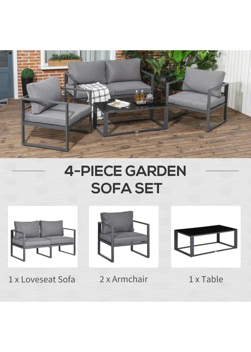 Outsunny 4 Pieces Garden Sectional Sofa Table Furniture Set Aluminium w/ Cushion - One Size Image 4