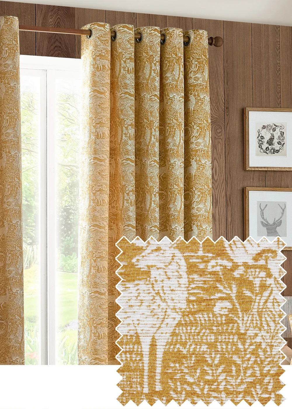 furn. Winter Woods Animal Chenille Eyelet Curtains Ochre - ZAC Image 1