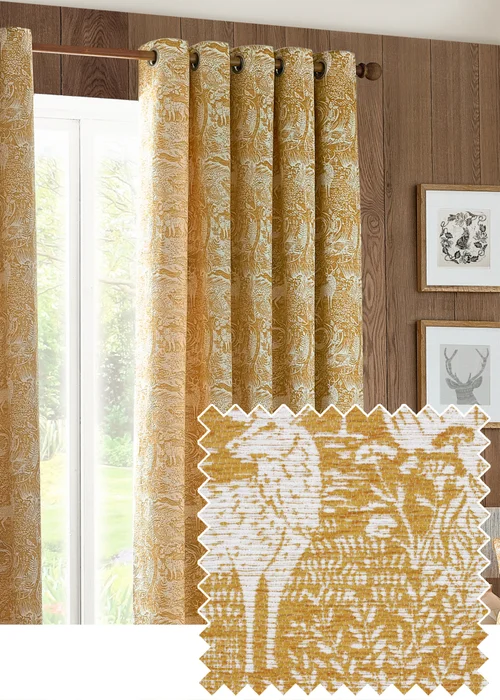 furn. Winter Woods Animal Chenille Eyelet Curtains Ochre - ZAC Image 1