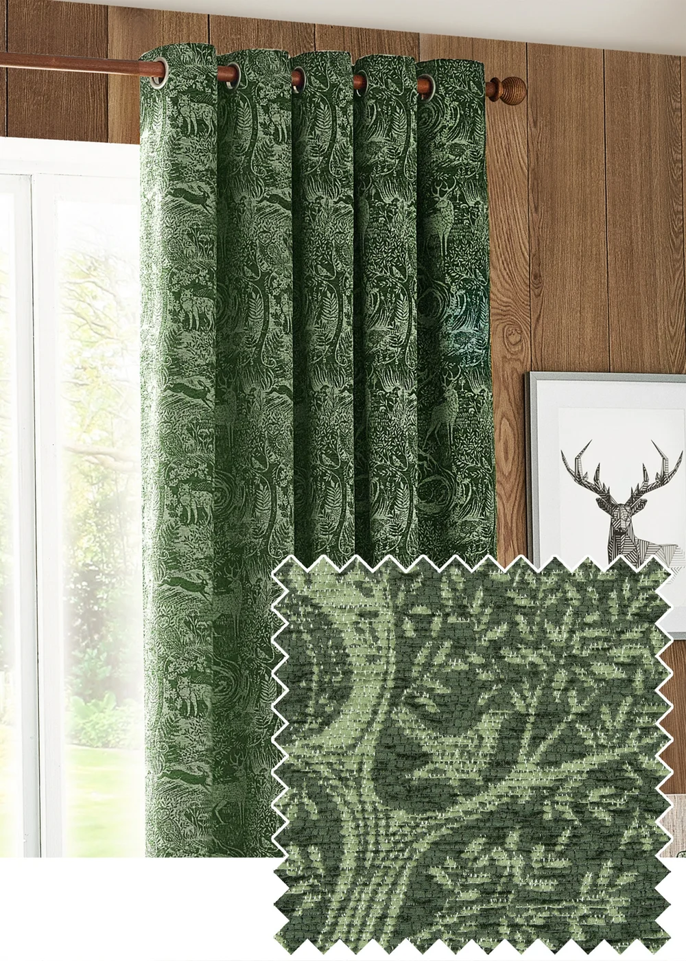 furn. Winter Woods Animal Chenille Eyelet Curtains Emerald - ZAC Image 1