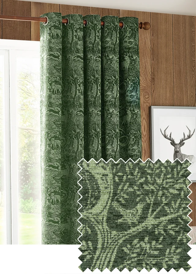 furn. Winter Woods Animal Chenille Eyelet Curtains Emerald