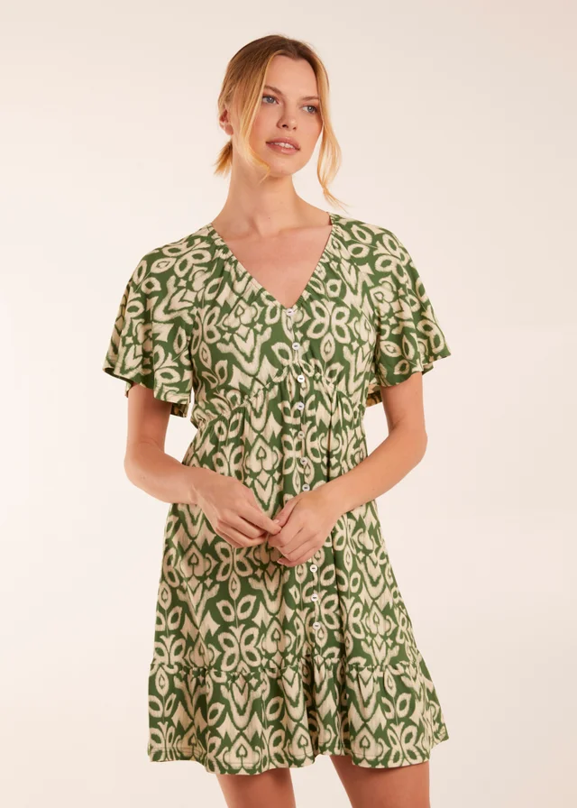 Blue Vanilla Khaki Button Through Elastic Waist Mini Dress