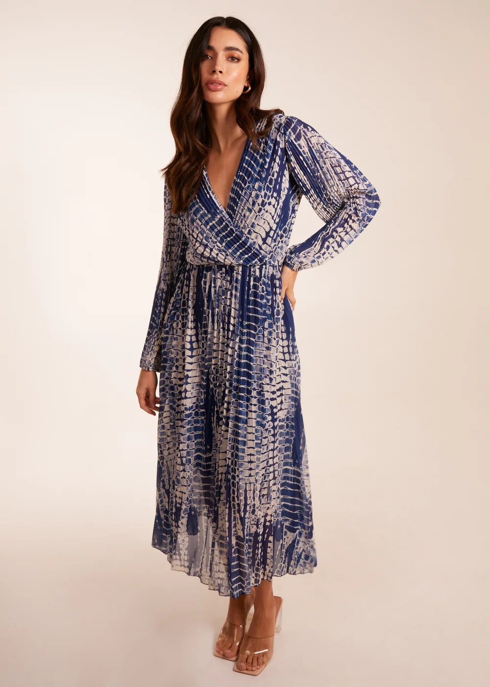 Blue Vanilla Navy Pleated Abstract Snake Print Wrap Dress - S/M Image 1