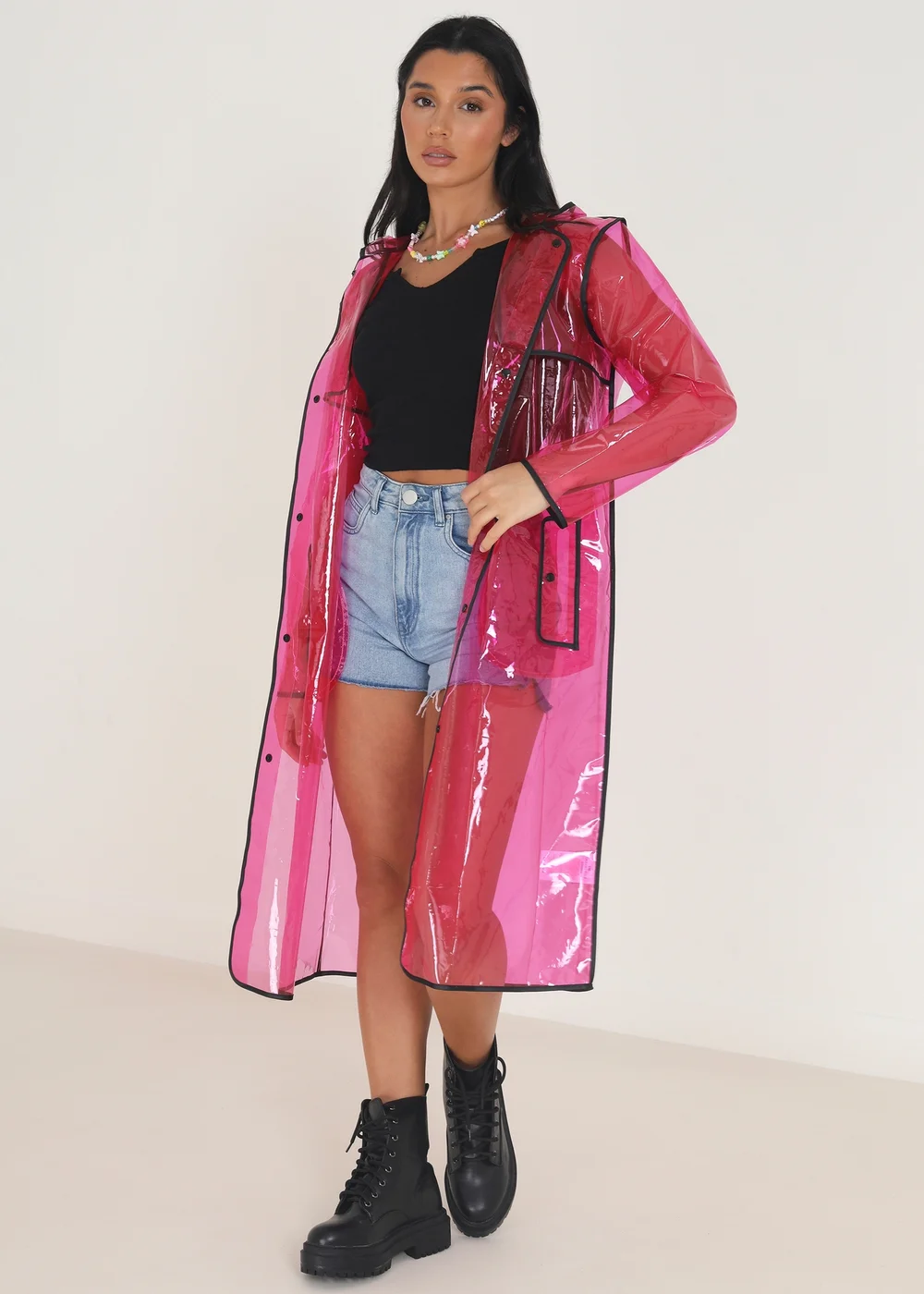 Brave Soul Pink Hooded Longline Rain Mac With Contrasting Binding - S/M Image 1