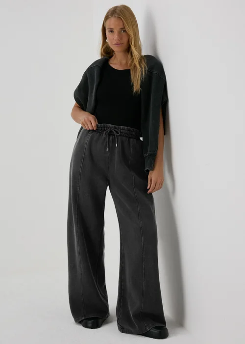 Charcoal Acid Wash Wide Leg Jogging Bottoms - Small Image 4
