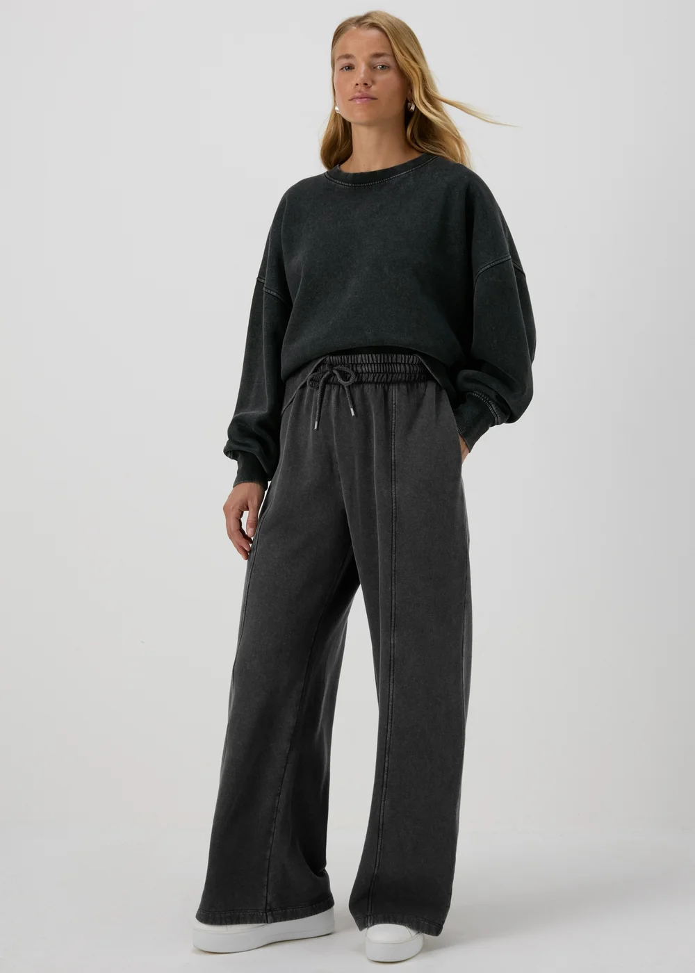 Charcoal Acid Wash Wide Leg Jogging Bottoms - Small Image 1