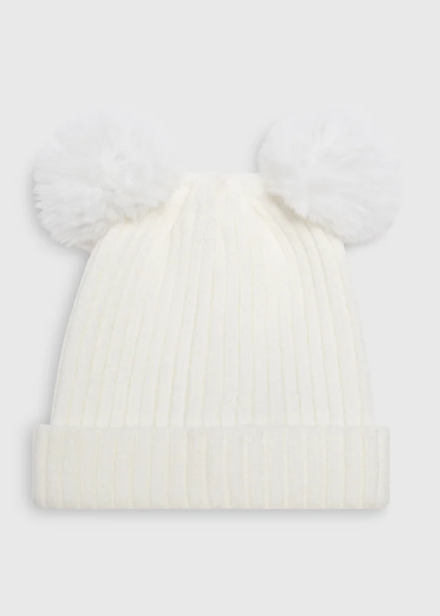 Baby Cream Double Pom Pom Beanie (Newborn-24mths)