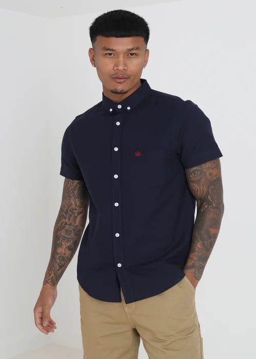 Brave Soul Navy Cotton Oxford Short Sleeve Shirt - Small Image 1