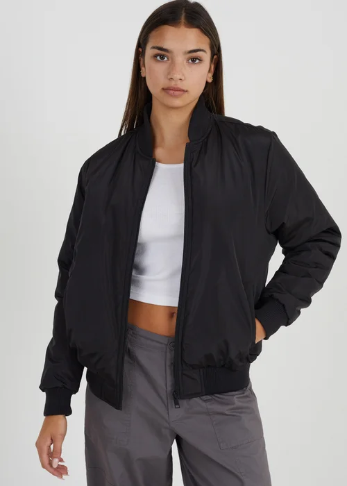 Brave Soul Black Ruched Sleeve Oversized Bomber Jacket - 14 Image 1
