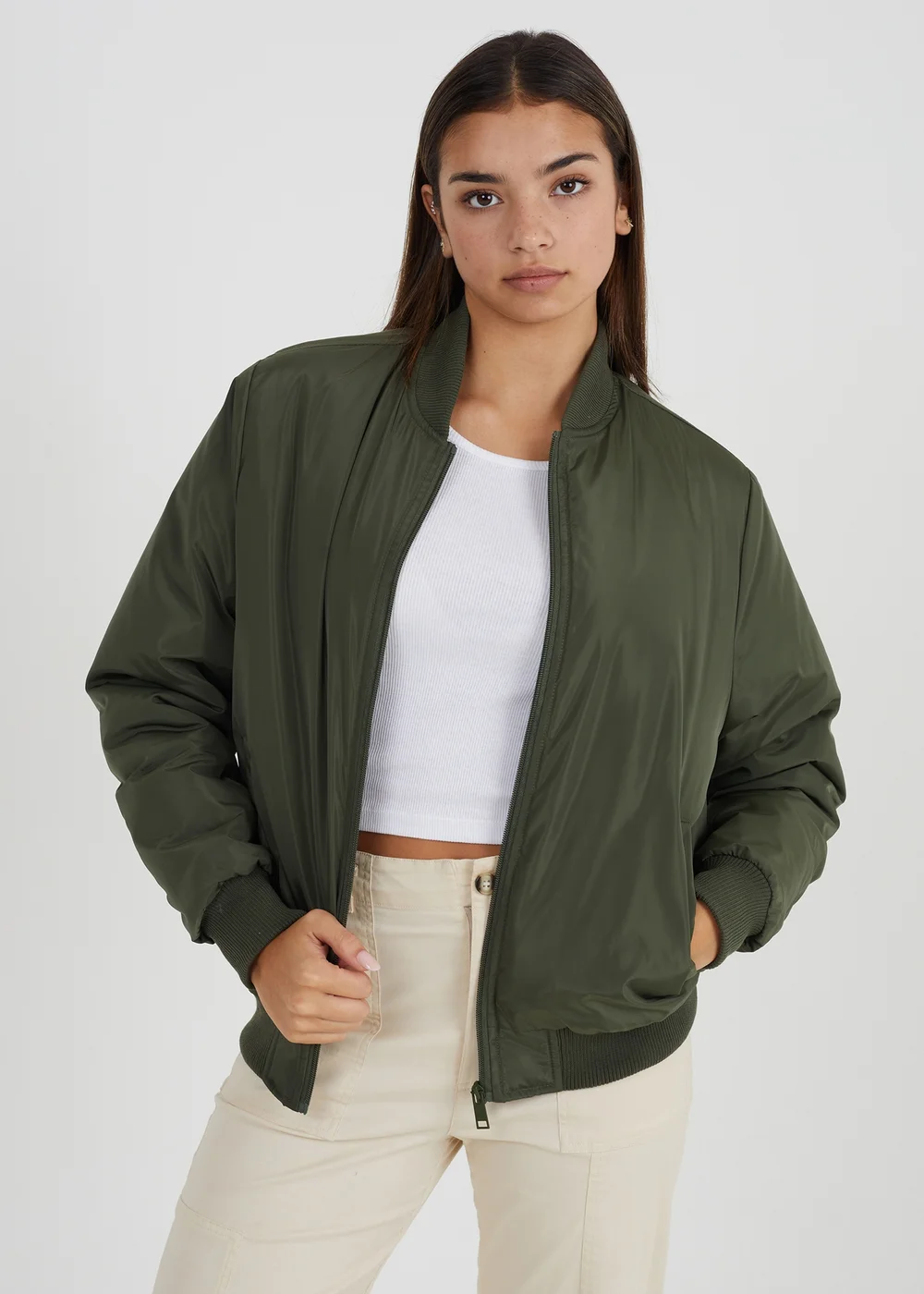 Brave Soul Khaki Ruched Sleeve Oversized Bomber Jacket - 12 Image 1