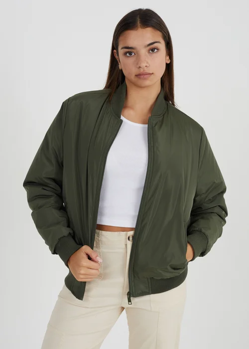 Brave Soul Khaki Ruched Sleeve Oversized Bomber Jacket - 12 Image 1