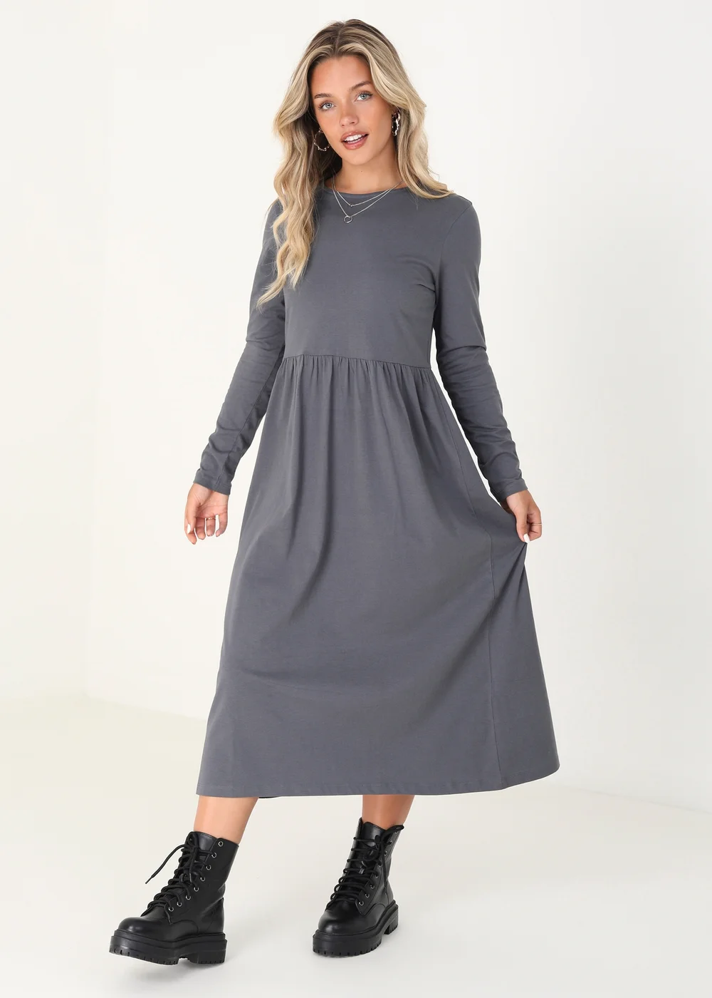 Brave Soul Grey Cotton Long Sleeve Midi Smock Dress - XS Image 1