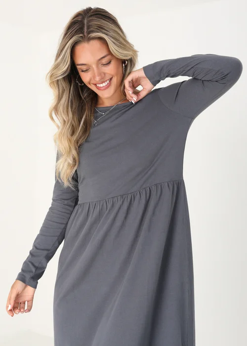 Brave Soul Grey Cotton Long Sleeve Midi Smock Dress - XS Image 3