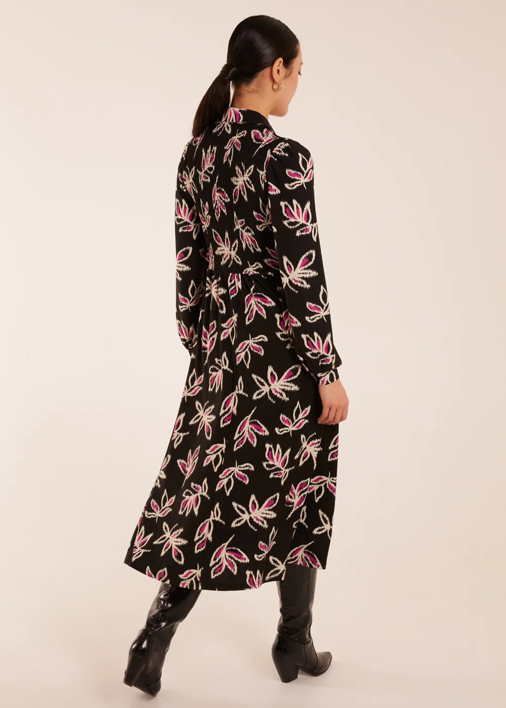 Blue Vanilla Multi Shirred Bust Long Sleeve Midi Shirt Dress - S Image 4