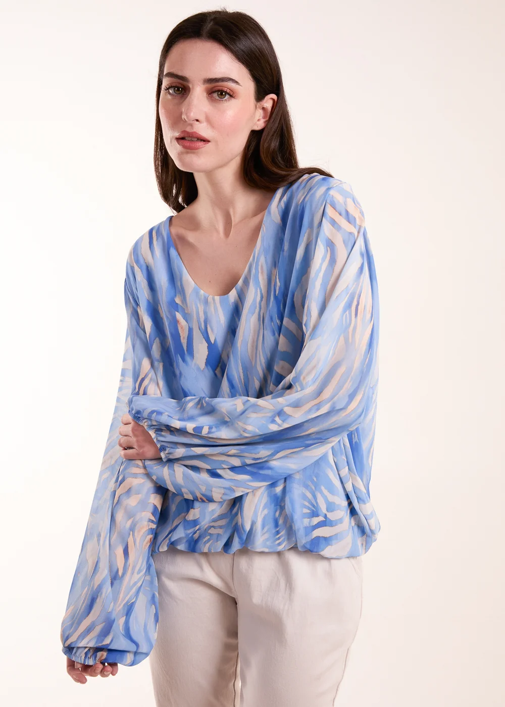 Blue Vanilla Blue Water Colour V Neck Top - Small/Medium Image 1