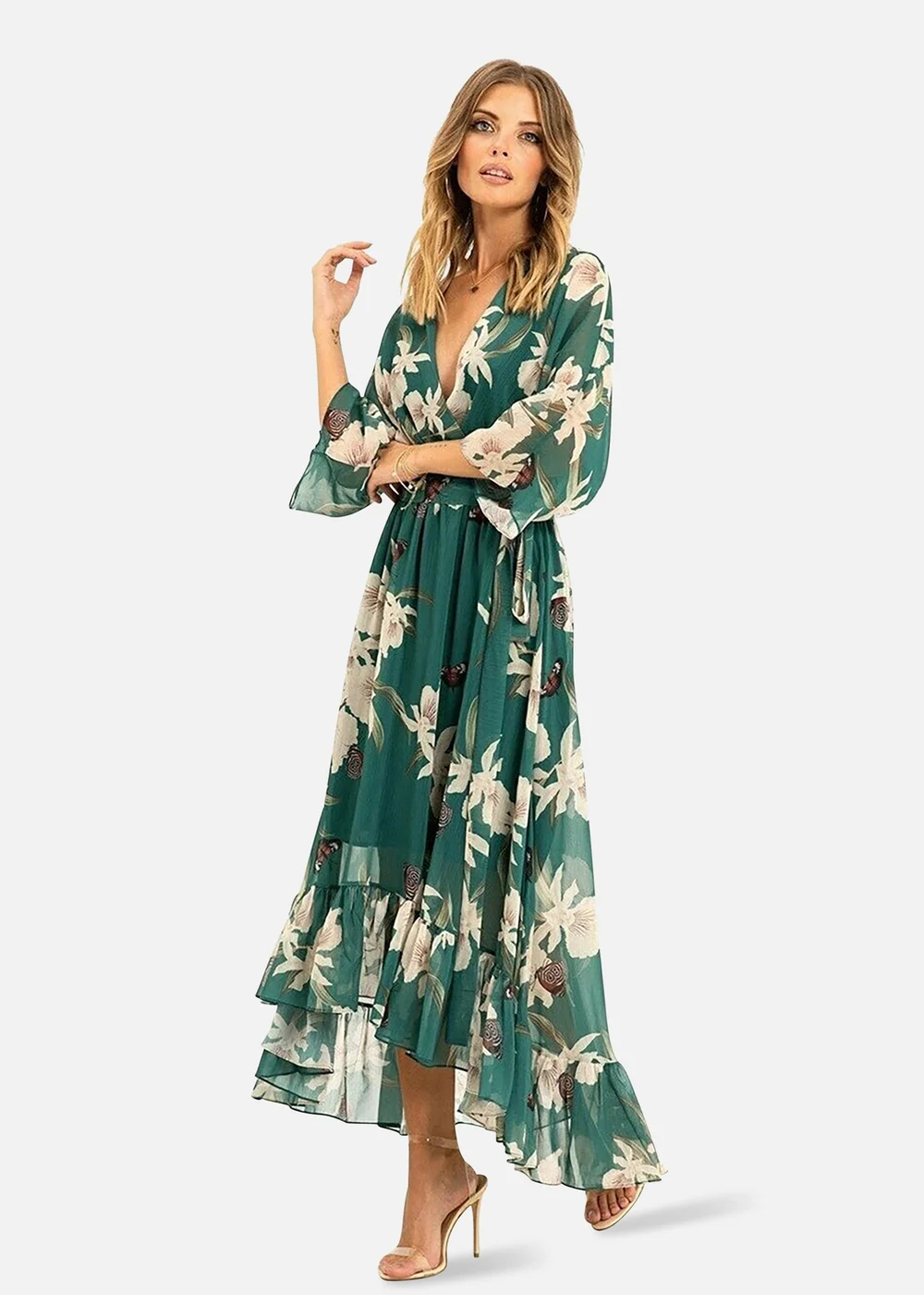 Yumi Floral Print Green Kimono Midi Wrap Dress - 16 Image 1