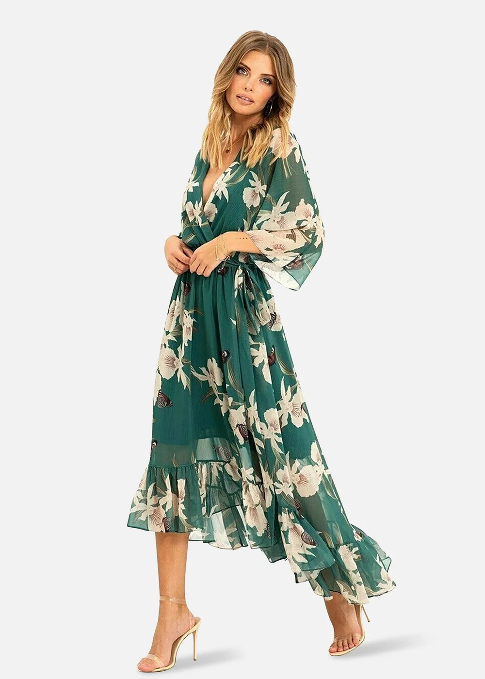 Yumi Floral Print Green Kimono Midi Wrap Dress - 16 Image 2