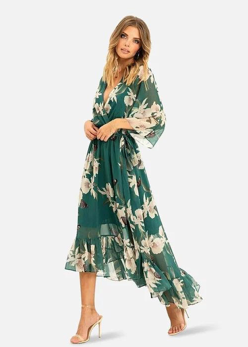 Yumi Floral Print Green Kimono Midi Wrap Dress - 16 Image 2