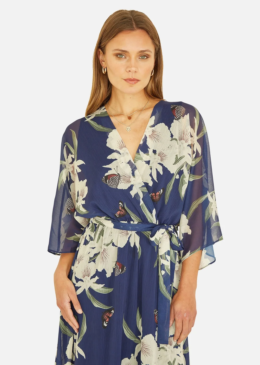 Yumi Floral Print Navy Kimono Midi Wrap Dress - 8 Image 3