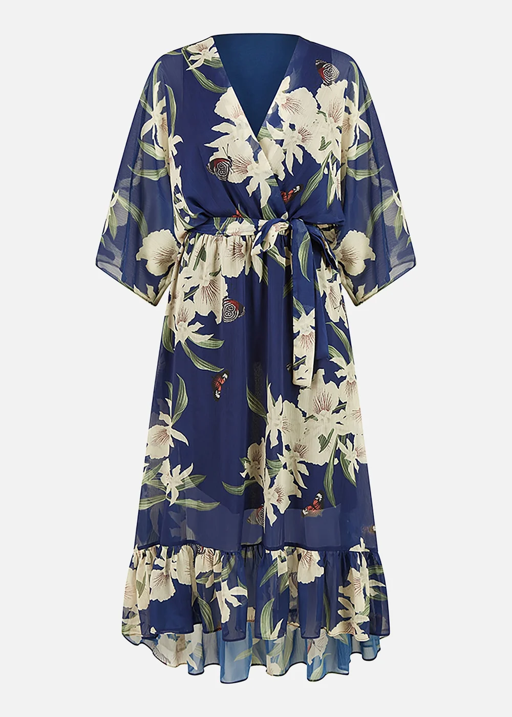 Yumi Floral Print Navy Kimono Midi Wrap Dress - 8 Image 4