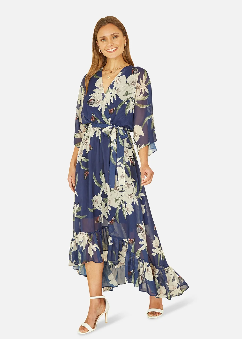 Yumi Floral Print Navy Kimono Midi Wrap Dress - 12 Image 1