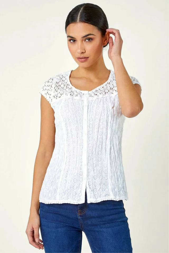 Roman White Lace Embroidered Crinkle Blouse Broderie Anglaise Cotton Top
