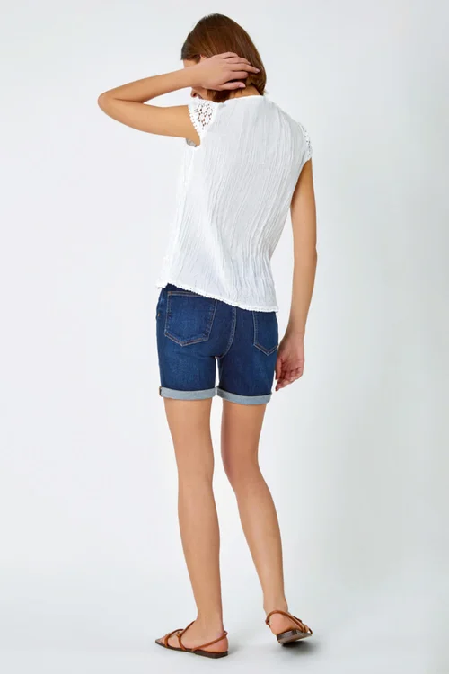 Roman White Lace Embroidered Crinkle Blouse Broderie Anglaise Cotton Top - Size 18 Image 3