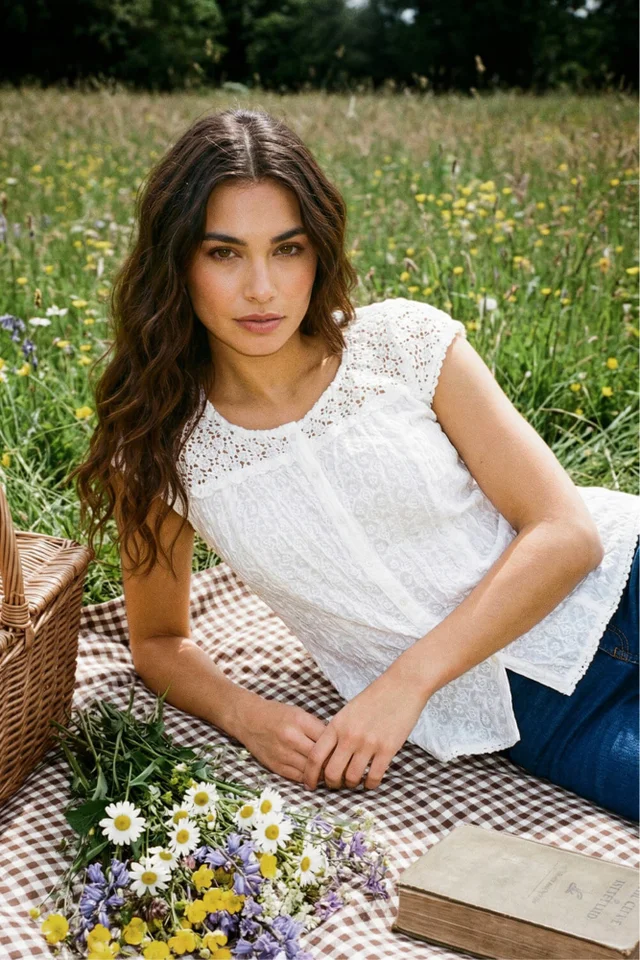 Roman White Lace Embroidered Crinkle Blouse Broderie Anglaise Cotton Top