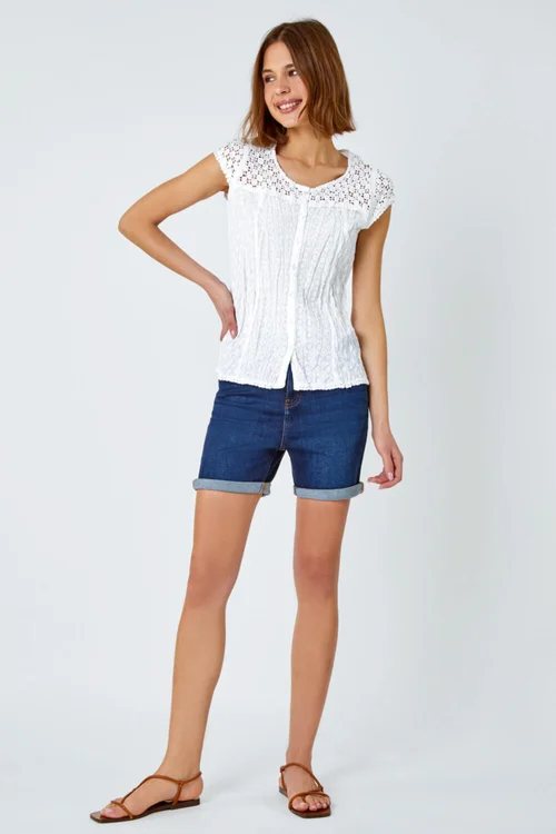 Roman White Lace Embroidered Crinkle Blouse Broderie Anglaise Cotton Top - Size 18 Image 2