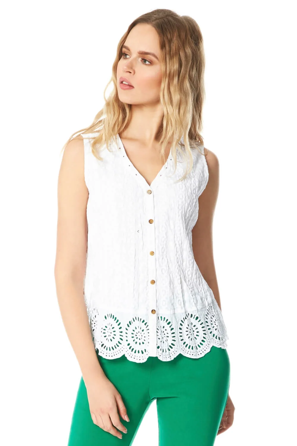 Roman White Eyelet Detail Embroidered Crinkle Blouse - Size 8 Image 1