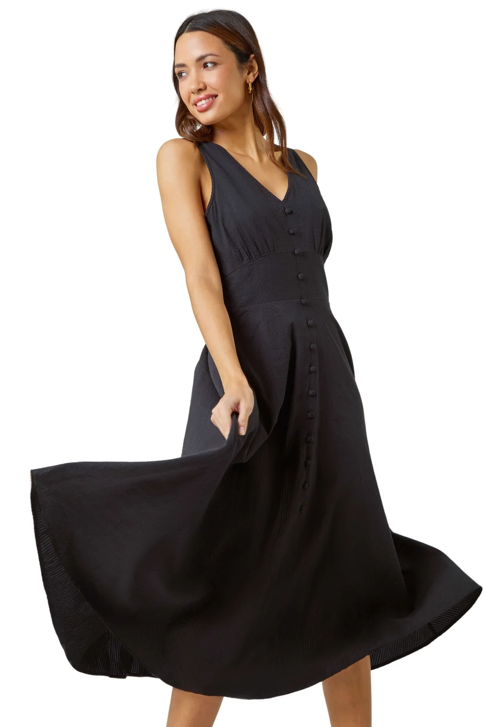 Roman Black Sleeveless Button Detail Cotton Midi Dress - 14 Image 2