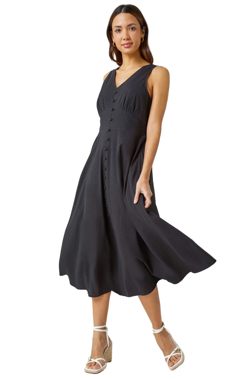 Roman Black Sleeveless Button Detail Cotton Midi Dress - 14 Image 1